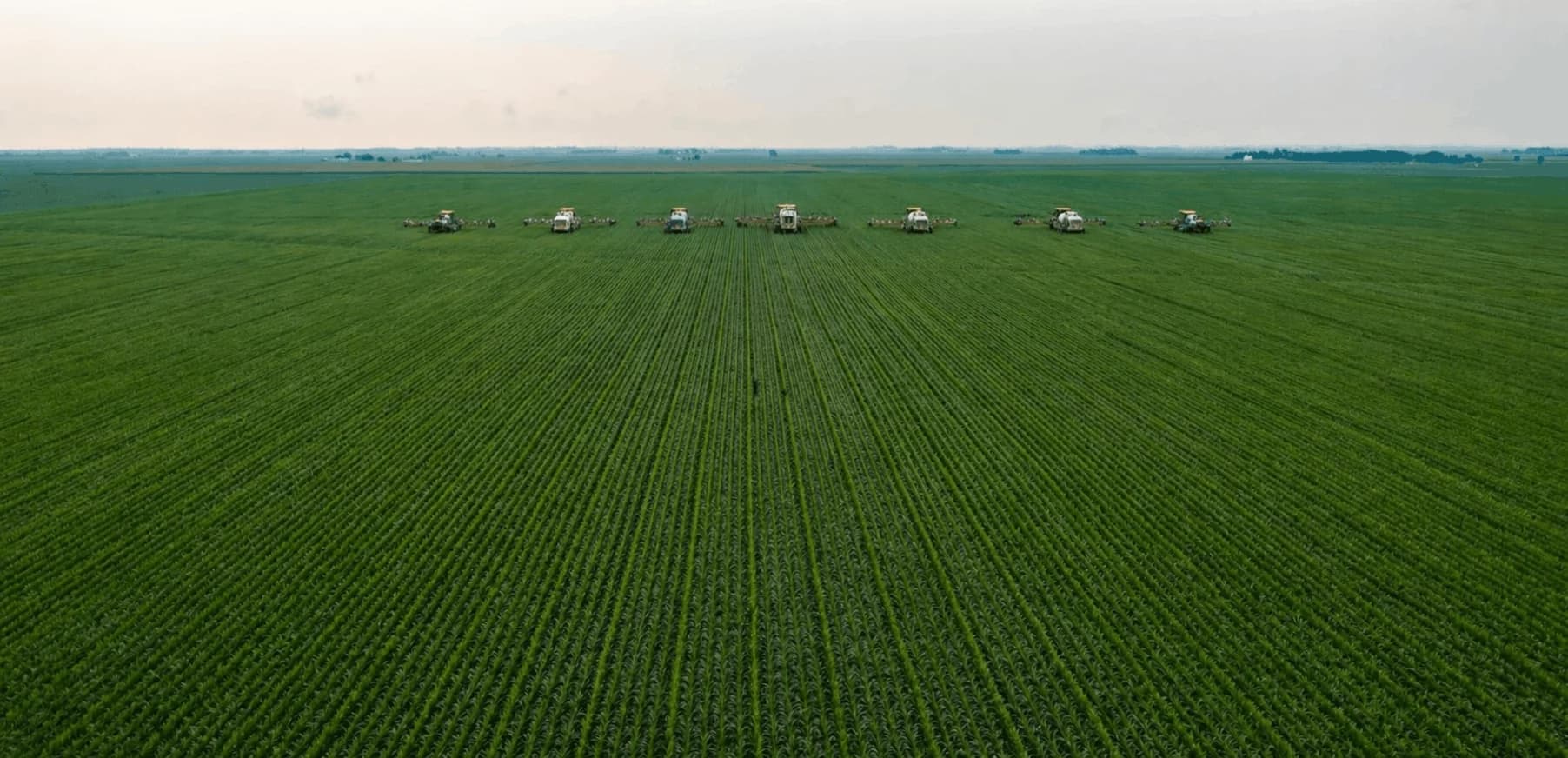 Crop sprayer moving across a green field